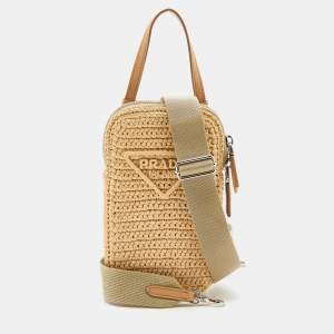Pre Owned Prada Beige Raffia and Leather Mini Crossbody Bag