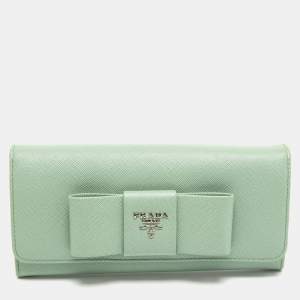 Pre Owned Prada Mint Green Saffiano Leather Bow Continental Wallet