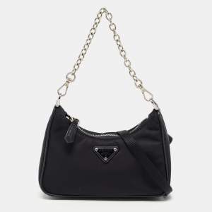 Prada Black Nylon and Saffiano Leather Re-Edition Mini Pouch Shoulder Bag