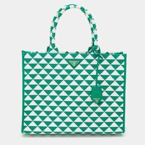 Pre Owned Prada Green/White Fabric Large Symbole Tote