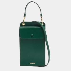 Prada Green Saffiano Lux Leather Phone Holder Crossbody Bag