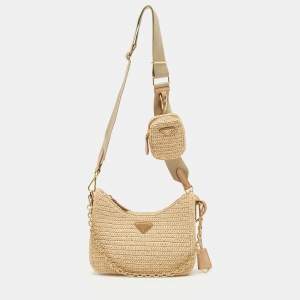Pre Owned Prada Beige Raffia and Leather Re-Edition 2005 Shoulder Bag