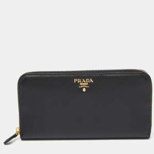 Prada Black Saffiano Leather Zip Around Wallet