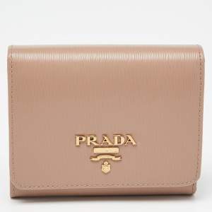 Prada Beige Vitello Metal Leather Logo Trifold Wallet