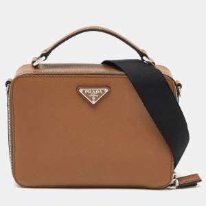 Pre Owned Prada Brown Saffiano Leather Brique Messenger Bag