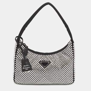 Prada Black Satin Mini Crystal Studded Re-Edition 2000 Shoulder Bag