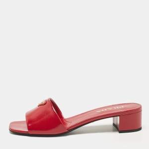 Prada Red Saffiano Patent Leather Block Heel Slide Sandals Size 39