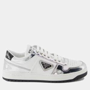 Prada White Metallic Silver Downtown Low Top Sneaker EU 37