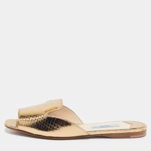 Prada Gold Embossed Python Flat Slides Size 35