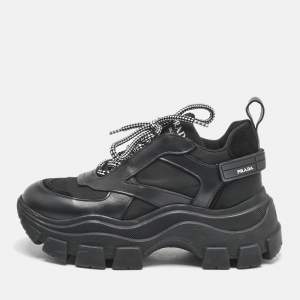 Prada Black Leather Nylon and Leather Pegasus Chunky Sneakers Size 38.5