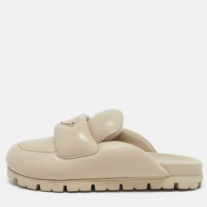 Prada Beige Leather Padded Flat Mules Size 37