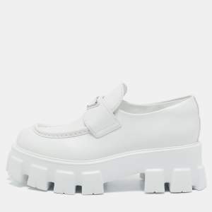Prada White Leather Monolith Triangle Logo Loafers Size 39