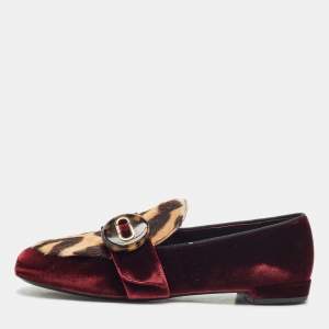 Prada Burgundy/Brown Velvet and Calf Hair Slip On Loafers Size 40