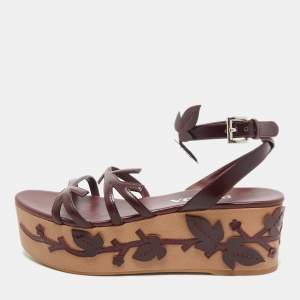 Prada Burgundy  Leather Wedge Ankle Strap Sandals Size 37.5