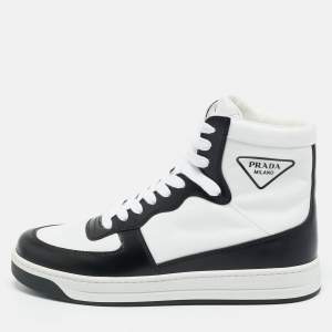 Pre Owned Prada White/Black Leather and Nylon New Avenue High Top Sneakers Size 37.5