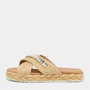 مملوكة مسبقًا صندل سلايد برادا رافيا بيج مزخرف بكريستال منصة مقاس 36