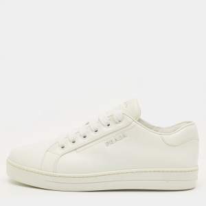 مملوكة مسبقًا Prada Size 36.5 White Leather Lace Up Sneakers
