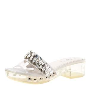 Pre Owned Prada Grey Satin And PVC Crystal Embellished Platform Slides Size 36