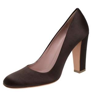 Pre Owned Prada Dark Brown Satin Block Heel Square Toe Pumps Size 36.5