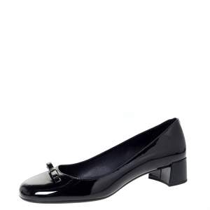 Pre Owned Prada Black Patent Leather Bow Detail Block Heels Pumps Size 40