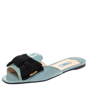 Pre Owned Prada Blue Patent Leather Bow Flat Slides Size 39.5