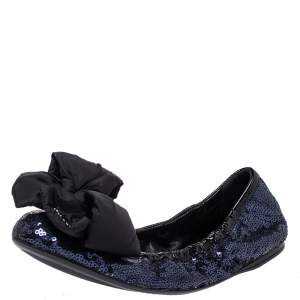 Pre Owned Prada Blue Sequin And Patent Trim Fabric Bow Logo Scrunch Ballet Flats Size 38.5