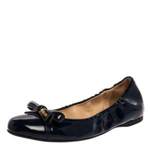 Pre Owned Prada Blue Patent Leather Bow Scrunch Ballet Flats Size 37.5