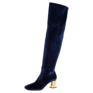Pre Owned Prada Navy Blue Velvet Stretch Over The Knee Boots Size 40