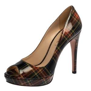 مملوكة مسبقًا Prada Multicolor Check Patent Leather 'Tartan' Peep Toe Pumps Size 38.5