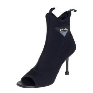Pre Owned Prada Black Stretch Fabric Ankle Booties Size 37.5