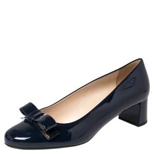 Pre Owned Prada Blue Patent Leather Bow Block Heel Pumps Size 41