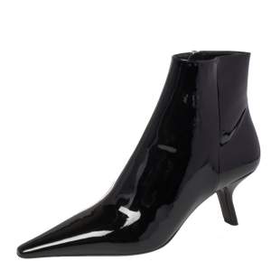 Prada Black Patent Leather Slanted Heel Pointed Toe Ankle Boots Size 38
