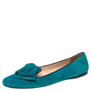 Pre Owned Prada Blue Suede Bow Ballet Flats Size 40.5