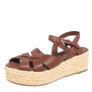 Pre Owned Prada Brown Leather Platform Wedge Espadrille Sandals Size 40
