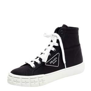 Pre Owned Prada Black Canvas Cassetta High Top Sneakers Size 38