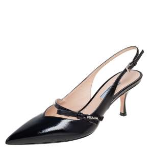 Pre Owned Prada Black Vernice Saffiano Leather Bow Pointed-Toe Slingback Pumps Size 40