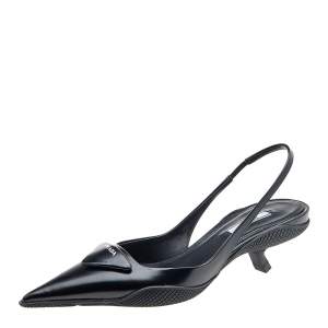 Pre Owned Prada Black Leather Logo Embellished Slingback Sandals Size 38