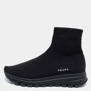 Pre Owned Prada Black Knit Fabric Logo Sock Runner High Top Sneakers Size 38