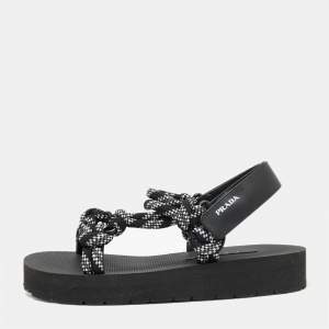 Pre Owned Prada Black/White Leather And Rope Donna Nastro Platform Sandals Size 39