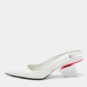 Pre Owned Prada White Patent Leather Pointed-Toe Slingback Pumps Size 39.5