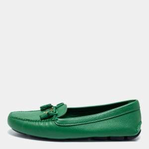 Pre Owned Prada Green Saffiano Leather Bow Loafers Size 37.5