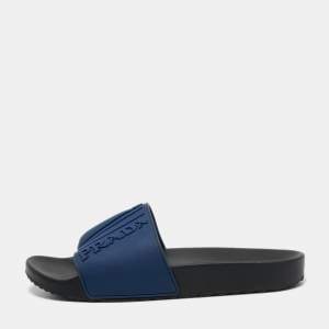 Pre Owned Prada Navy Blue Rubber Graphic Logo Flat Pool Slides Size 38