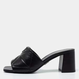 Pre Owned Prada Black Leather Quilted Block Heel Slide Sandals Size 36