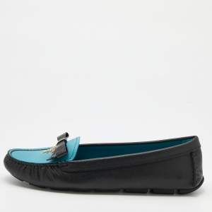 Prada Black/Blue Leather Bow Logo Embellished Loafers Size 38