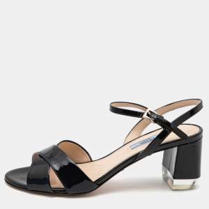 Prada Black Patent Leather Criss Cross Ankle Strap Block Heel Sandals Size 39.5 