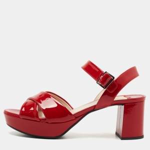 Pre Owned Prada Red Patent Leather Criss Cross Platform Ankle Strap Sandals Size 38.5