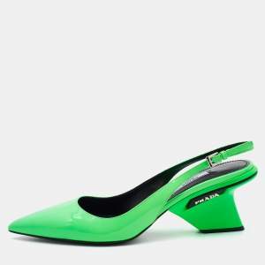 Prada Neon Green Patent Leather Pointed Toe Slingback Pumps Size 39