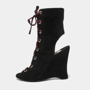 Prada Black Suede Open Toe Lace Up Cut Out Wedge Booties Size 40