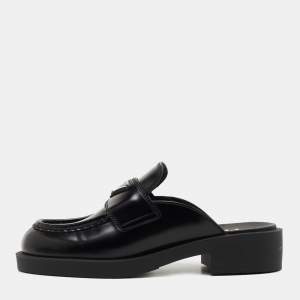 Prada Black Leather Logo Loafer Mules Size 36