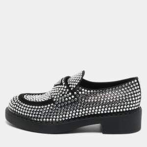 Prada Black Satin Crystal Embellished Loafers Size 38